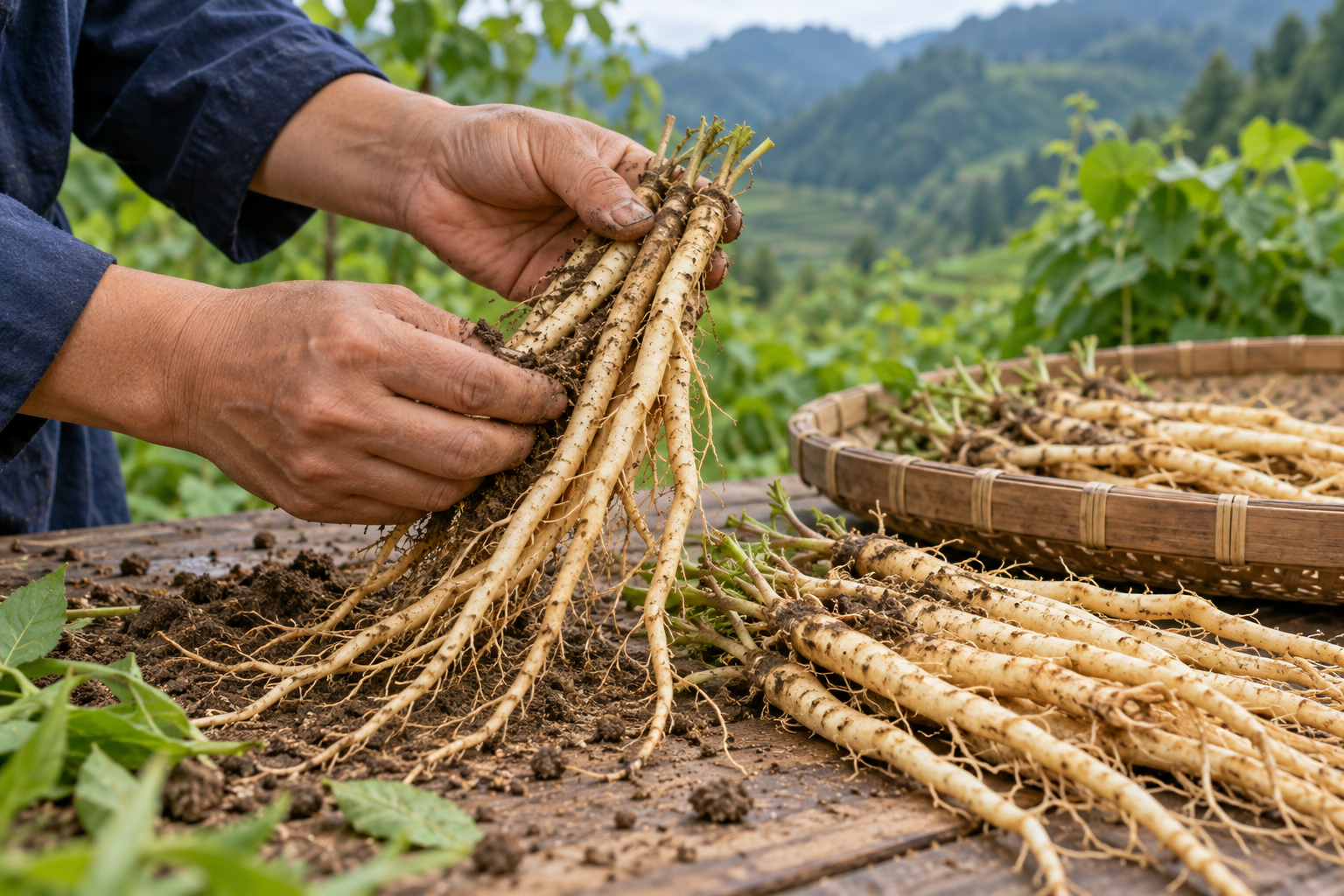 Làm sạch đất bám trên củ đẳng sâm trước khi sơ chế