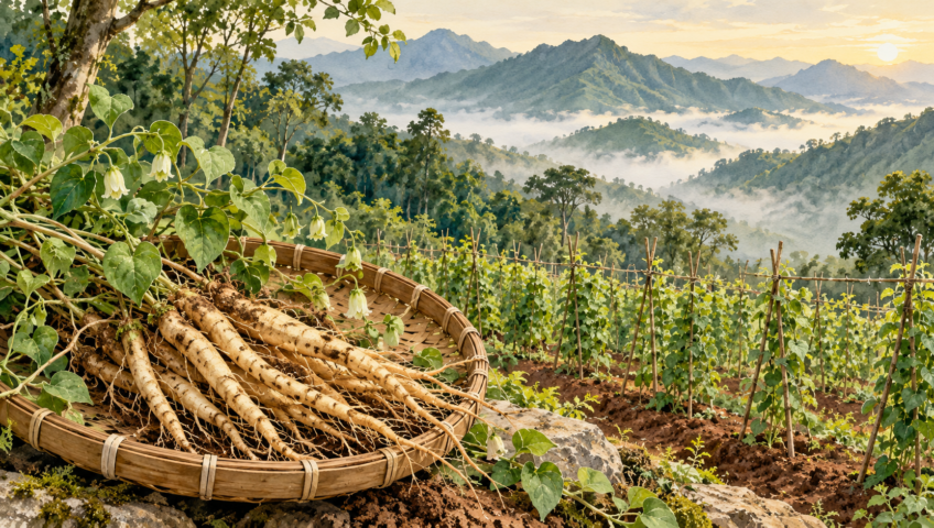 Minh họa đẳng sâm và không gian canh tác vùng cao