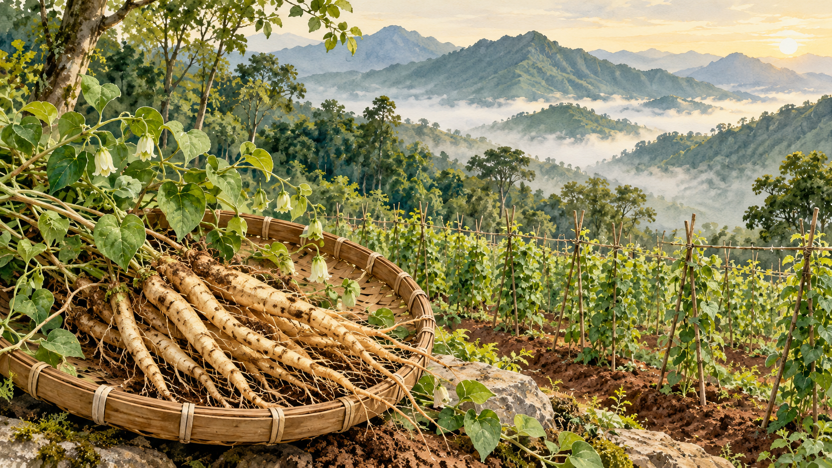 Minh họa đẳng sâm và không gian canh tác vùng cao